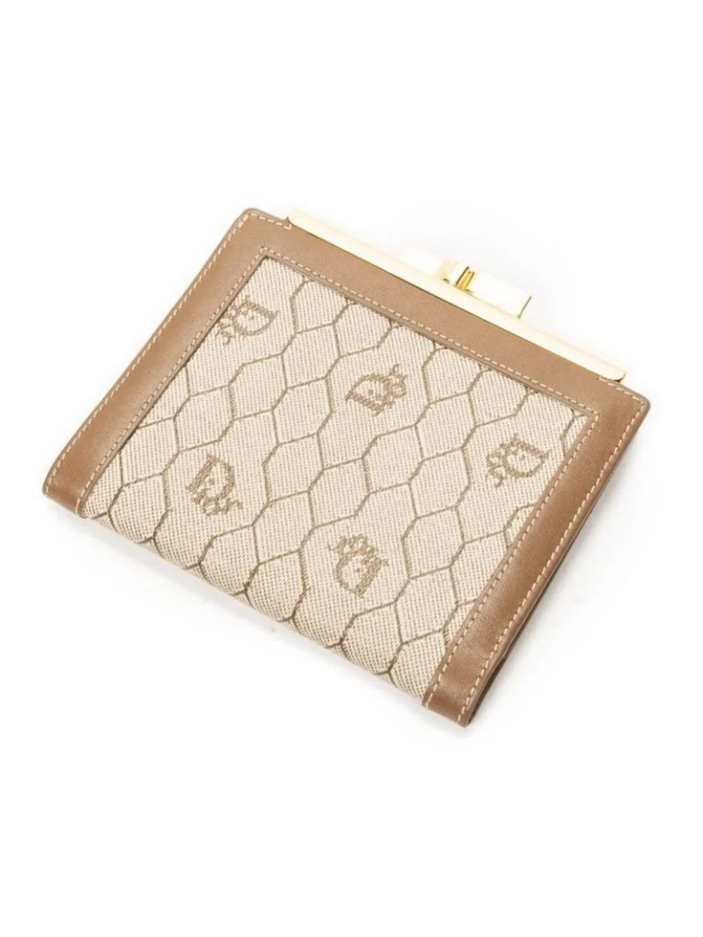 Dior Compact French Purse Brown Beige Honeycomb Canvas Wallet - Picture 2 of 5